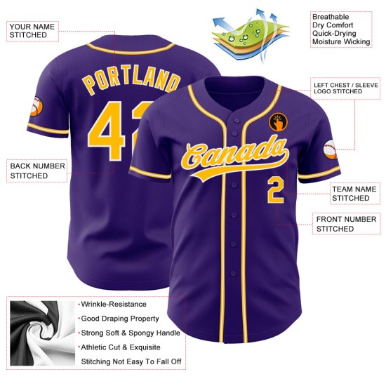 Maglia da baseball personalizzata viola autentica, oro e bianco Maglia da baseball personalizzata viola autentica, oro e bianco
