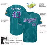 Maglia da baseball bianca autentica personalizzata color verde acqua, a righe viola-bianche Maglia da baseball bianca autentica personalizzata color verde acqua, a righe viola-bianche