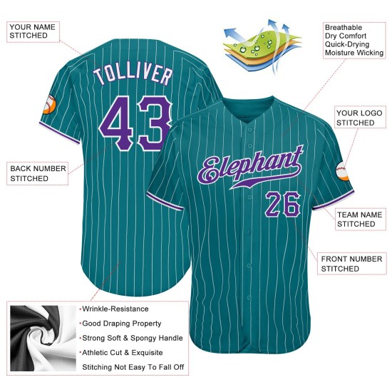 Maglia da baseball bianca autentica personalizzata color verde acqua, a righe viola-bianche Maglia da baseball bianca autentica personalizzata color verde acqua, a righe viola-bianche