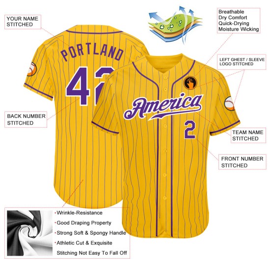Maglia da baseball personalizzata autentica a righe viola-bianche e gialle Maglia da baseball personalizzata autentica a righe viola-bianche e gialle