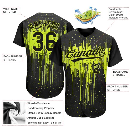 Maglia da baseball verde con motivo a schizzi neri personalizzati, autentica 3D, design neon Maglia da baseball verde con motivo a schizzi neri personalizzati, autentica 3D, design neon