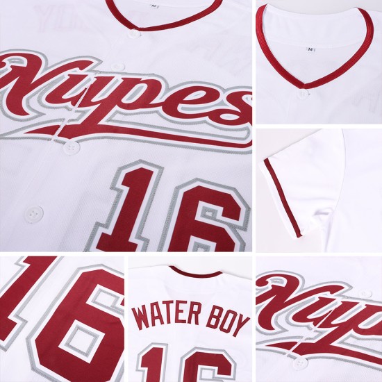 Maglia da baseball bianca personalizzata autentica cremisi-grigio Maglia da baseball bianca personalizzata autentica cremisi-grigio