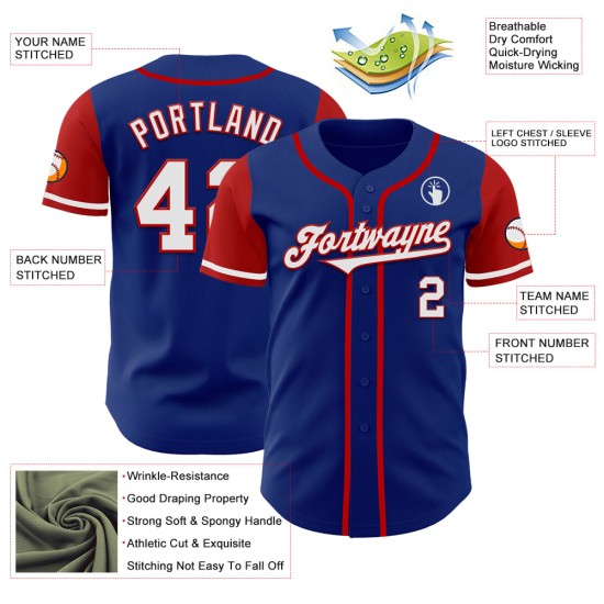 Maglia da baseball personalizzata Royal, due colori, bianco e rosso, autentica Maglia da baseball personalizzata Royal, due colori, bianco e rosso, autentica