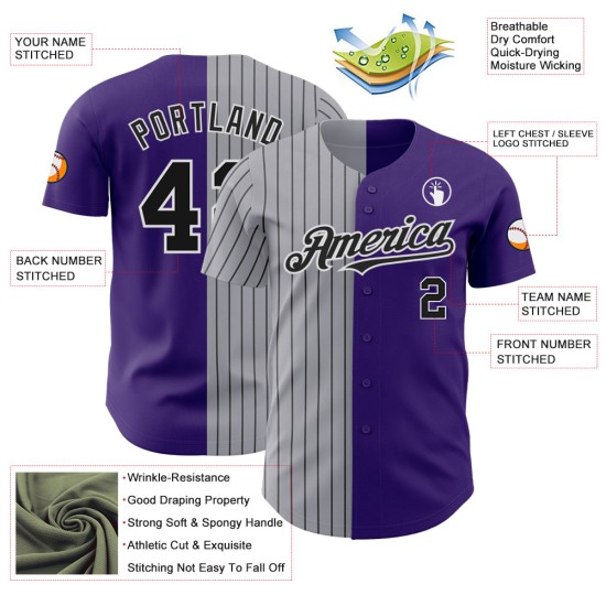 Maglia da baseball a righe viola grigia e nera personalizzata, autentica Maglia da baseball a righe viola grigia e nera personalizzata, autentica