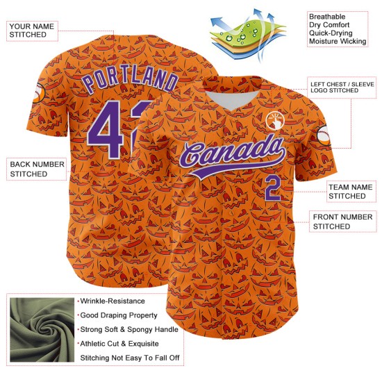 Maglia da baseball autentica viola-bianca personalizzata Halloween 3D Bay Orange