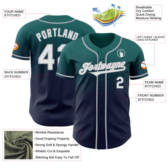 Maglia da baseball personalizzata autentica, blu navy-grigio, sfumata, verde acqua Maglia da baseball personalizzata autentica, blu navy-grigio, sfumata, verde acqua