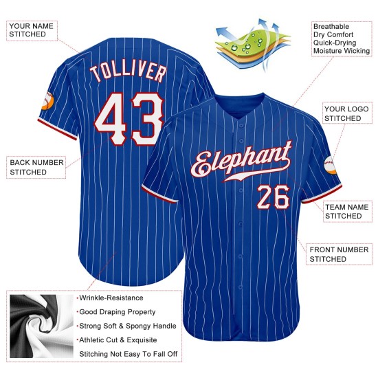 Maglia da baseball personalizzata Royal, bianca, a righe bianche e rosse, autentica Maglia da baseball personalizzata Royal, bianca, a righe bianche e rosse, autentica