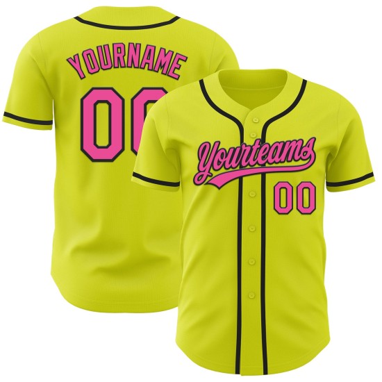 Maglia da baseball autentica rosa neon-nera gialla personalizzata Maglia da baseball autentica rosa neon-nera gialla personalizzata