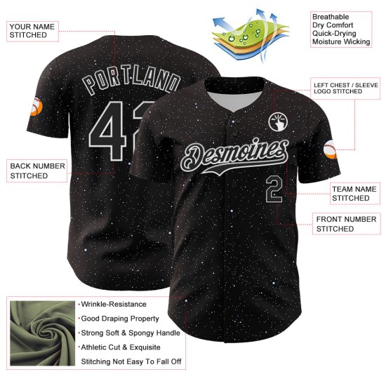 Maglia da baseball bianca e nera con design personalizzato Sky Starry, motivo 3D autentico Maglia da baseball bianca e nera con design personalizzato Sky Starry, motivo 3D autentico