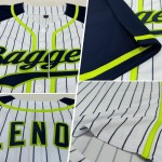 Maglia da baseball autentica personalizzata, a righe bianche, verdi, blu navy e neon, con maniche raglan, blu navy Maglia da baseball autentica personalizzata, a righe bianche, verdi, blu navy e neon, con maniche raglan, blu navy