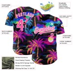 Maglia da baseball Hawaii 3D con motivo a palme rosa e bianche, motivo autentica spiaggia nera personalizzata Maglia da baseball Hawaii 3D con motivo a palme rosa e bianche, motivo autentica spiaggia nera personalizzata