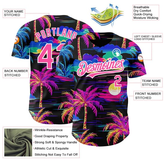 Maglia da baseball Hawaii 3D con motivo a palme rosa e bianche, motivo autentica spiaggia nera personalizzata Maglia da baseball Hawaii 3D con motivo a palme rosa e bianche, motivo autentica spiaggia nera personalizzata
