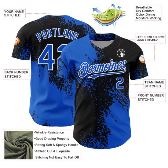 Maglia da baseball personalizzata con motivo Blue Stroke 3D Brush, nera e bianca, design autentico astratto Thunder Maglia da baseball personalizzata con motivo Blue Stroke 3D Brush, nera e bianca, design autentico astratto Thunder