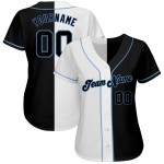 Maglia da baseball personalizzata blu chiaro, bianca e nera, autentica, stile split Maglia da baseball personalizzata blu chiaro, bianca e nera, autentica, stile split