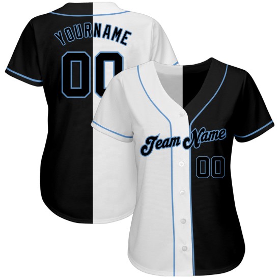 Maglia da baseball personalizzata blu chiaro, bianca e nera, autentica, stile split Maglia da baseball personalizzata blu chiaro, bianca e nera, autentica, stile split