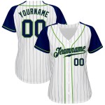 Maglia da baseball autentica personalizzata, a righe bianche, verdi, blu navy e neon, con maniche raglan, blu navy Maglia da baseball autentica personalizzata, a righe bianche, verdi, blu navy e neon, con maniche raglan, blu navy
