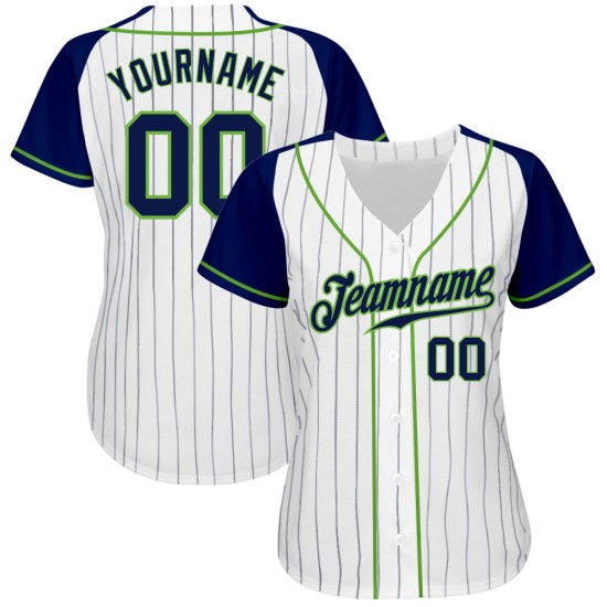 Maglia da baseball autentica personalizzata, a righe bianche, verdi, blu navy e neon, con maniche raglan, blu navy Maglia da baseball autentica personalizzata, a righe bianche, verdi, blu navy e neon, con maniche raglan, blu navy