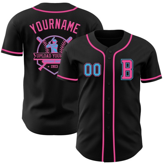 Maglia da baseball Sky personalizzata, autentica, blu-rosa e nera Maglia da baseball Sky personalizzata, autentica, blu-rosa e nera