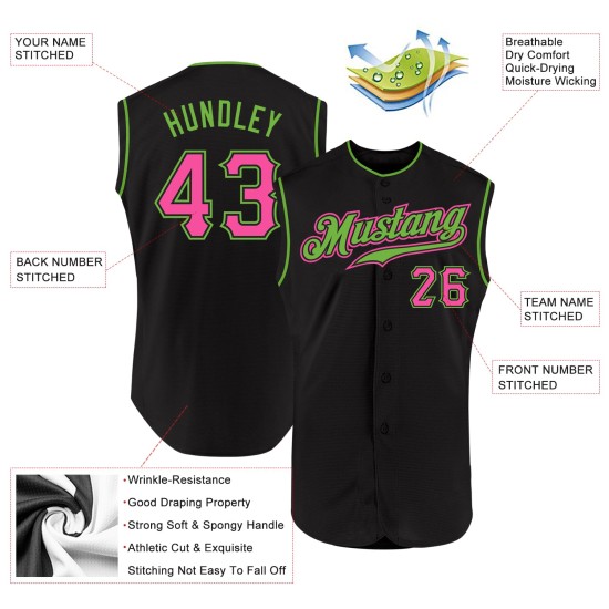 Maglia da baseball personalizzata autentica senza maniche verde rosa-neon nero Maglia da baseball personalizzata autentica senza maniche verde rosa-neon nero