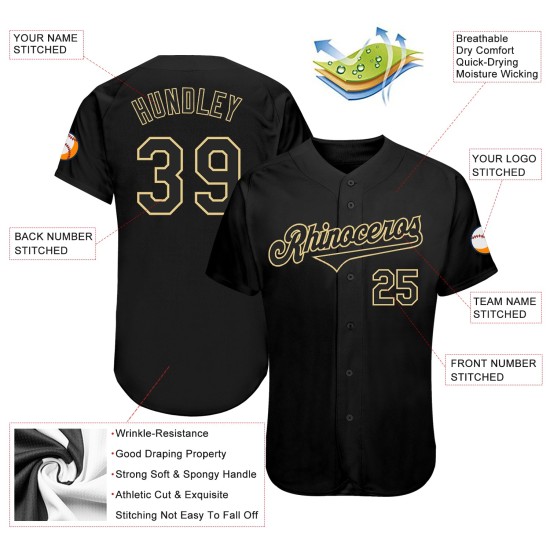 Maglia da baseball personalizzata nera autentica di Vegas, colore oro Maglia da baseball personalizzata nera autentica di Vegas, colore oro