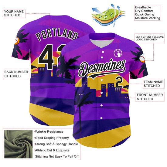 Maglia da baseball personalizzata Hawaii Palm Trees in bianco e nero, modello autentico viola 3D Maglia da baseball personalizzata Hawaii Palm Trees in bianco e nero, modello autentico viola 3D