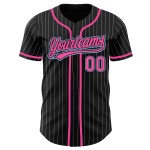 Maglia da baseball personalizzata autentica nera blu con strisce bianche e rosa chiaro Maglia da baseball personalizzata autentica nera blu con strisce bianche e rosa chiaro