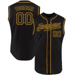 Maglia da baseball personalizzata nera e oro autentica senza maniche Maglia da baseball personalizzata nera e oro autentica senza maniche