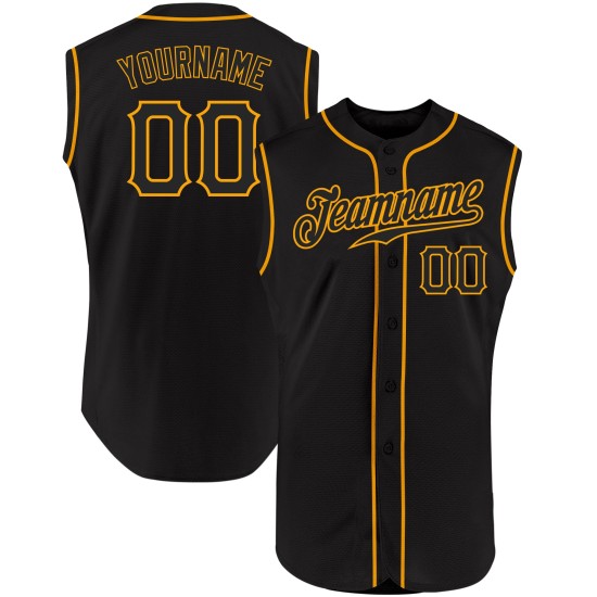 Maglia da baseball personalizzata nera e oro autentica senza maniche Maglia da baseball personalizzata nera e oro autentica senza maniche