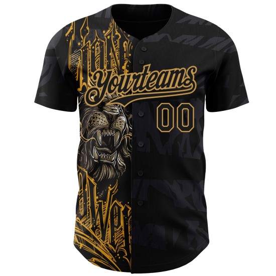 Maglia da baseball con motivo nero, design 3D autentico, personalizzata, leone dorato, vecchio Maglia da baseball con motivo nero, design 3D autentico, personalizzata, leone dorato, vecchio