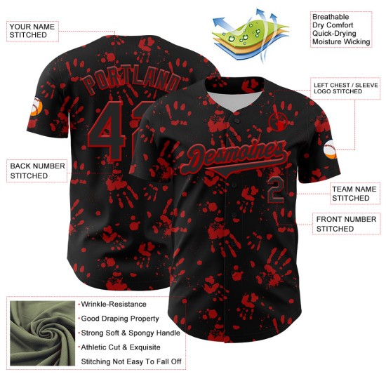 Maglia da baseball autentica, personalizzata, rossa e nera, con impronta di mano, design 3D, Bloody Rave Maglia da baseball autentica, personalizzata, rossa e nera, con impronta di mano, design 3D, Bloody Rave