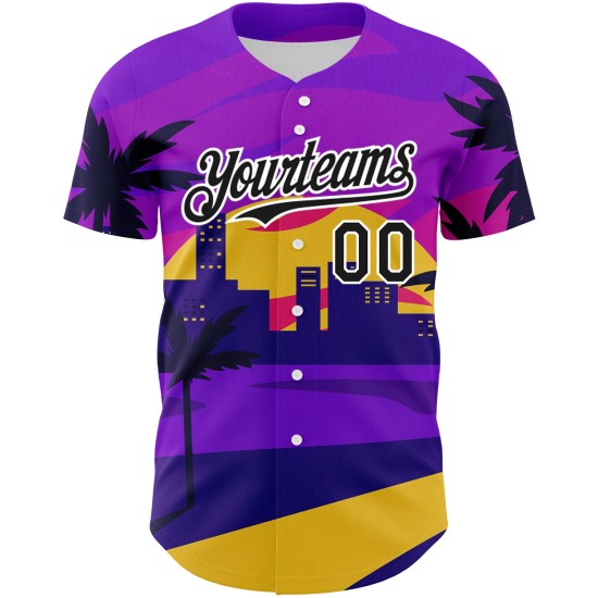 Maglia da baseball personalizzata Hawaii Palm Trees in bianco e nero, modello autentico viola 3D Maglia da baseball personalizzata Hawaii Palm Trees in bianco e nero, modello autentico viola 3D