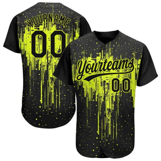 Maglia da baseball verde con motivo a schizzi neri personalizzati, autentica 3D, design neon Maglia da baseball verde con motivo a schizzi neri personalizzati, autentica 3D, design neon