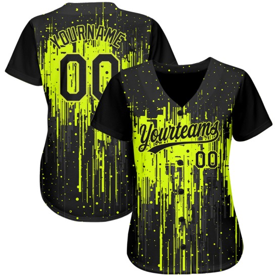 Maglia da baseball verde con motivo a schizzi neri personalizzati, autentica 3D, design neon Maglia da baseball verde con motivo a schizzi neri personalizzati, autentica 3D, design neon