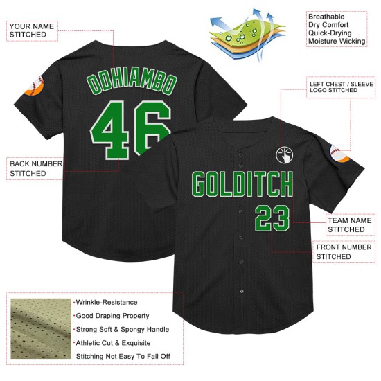 Maglia da baseball personalizzata Throwback, verde erba, bianca e nera, autentica Maglia da baseball personalizzata Throwback, verde erba, bianca e nera, autentica