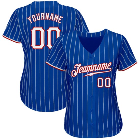 Maglia da baseball personalizzata Royal, bianca, a righe bianche e rosse, autentica Maglia da baseball personalizzata Royal, bianca, a righe bianche e rosse, autentica