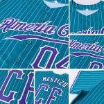 Maglia da baseball bianca autentica personalizzata color verde acqua, a righe viola-bianche Maglia da baseball bianca autentica personalizzata color verde acqua, a righe viola-bianche