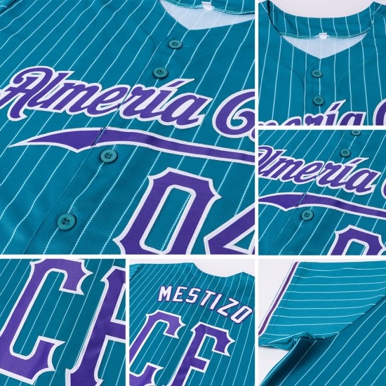 Maglia da baseball bianca autentica personalizzata color verde acqua, a righe viola-bianche Maglia da baseball bianca autentica personalizzata color verde acqua, a righe viola-bianche