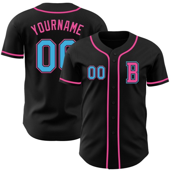 Maglia da baseball Sky personalizzata, autentica, blu-rosa e nera Maglia da baseball Sky personalizzata, autentica, blu-rosa e nera