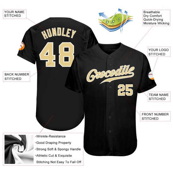 Maglia da baseball autentica nera Vegas personalizzata in oro e bianco Maglia da baseball autentica nera Vegas personalizzata in oro e bianco