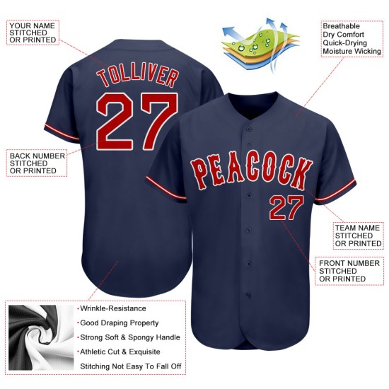 Maglia da baseball blu navy rossa e bianca personalizzata autentica Maglia da baseball blu navy rossa e bianca personalizzata autentica