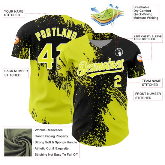 Maglia astratta neon nera e bianca da baseball con motivo giallo, design 3D, autentico, pennellato personalizzato Maglia astratta neon nera e bianca da baseball con motivo giallo, design 3D, autentico, pennellato personalizzato