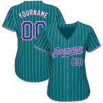 Maglia da baseball bianca autentica personalizzata color verde acqua, a righe viola-bianche Maglia da baseball bianca autentica personalizzata color verde acqua, a righe viola-bianche