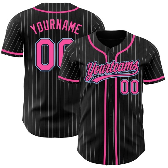 Maglia da baseball personalizzata autentica nera blu con strisce bianche e rosa chiaro Maglia da baseball personalizzata autentica nera blu con strisce bianche e rosa chiaro