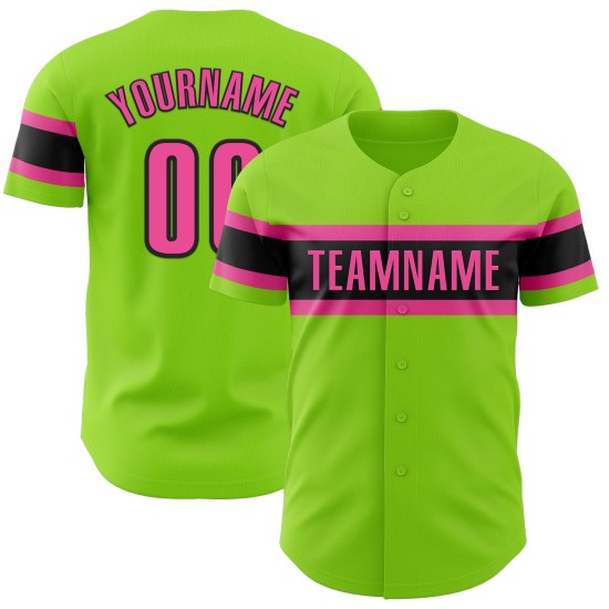 Maglia da baseball autentica al neon personalizzata rosa-nera verde Maglia da baseball autentica al neon personalizzata rosa-nera verde
