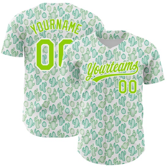 Maglia da baseball verde 3D bianca con design autentico e motivo personalizzato, motivo neon cactus. Maglia da baseball verde 3D bianca con design autentico e motivo personalizzato, motivo neon cactus.