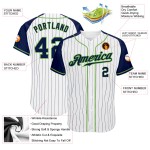 Maglia da baseball autentica personalizzata, a righe bianche, verdi, blu navy e neon, con maniche raglan, blu navy Maglia da baseball autentica personalizzata, a righe bianche, verdi, blu navy e neon, con maniche raglan, blu navy