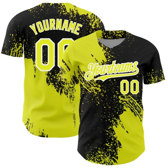Maglia astratta neon nera e bianca da baseball con motivo giallo, design 3D, autentico, pennellato personalizzato Maglia astratta neon nera e bianca da baseball con motivo giallo, design 3D, autentico, pennellato personalizzato