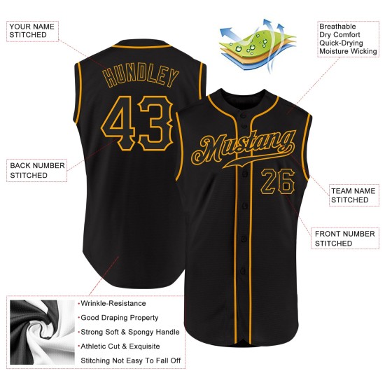 Maglia da baseball personalizzata nera e oro autentica senza maniche Maglia da baseball personalizzata nera e oro autentica senza maniche