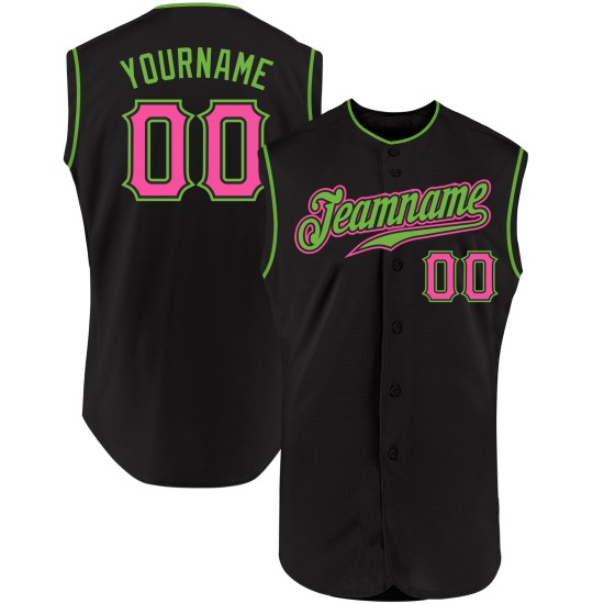 Maglia da baseball personalizzata autentica senza maniche verde rosa-neon nero Maglia da baseball personalizzata autentica senza maniche verde rosa-neon nero